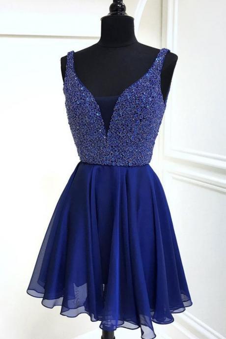 Blue v neck chiffon short prom dress, blue homecoming dress