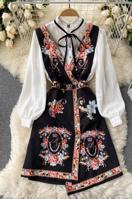 Fashionable Irregular design ethnic printed v-neck sleeveless dress + long-sleeved shirt suit summer dress