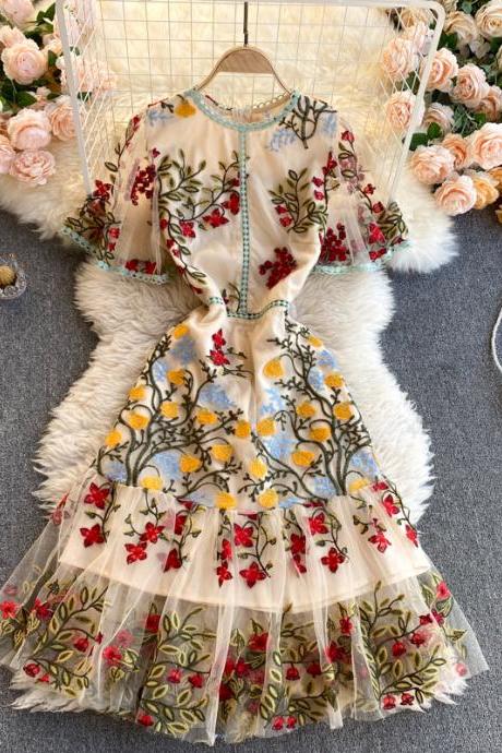 Vintage Embroidered floral dress short sleeves Vacation Travel Summer Dress 