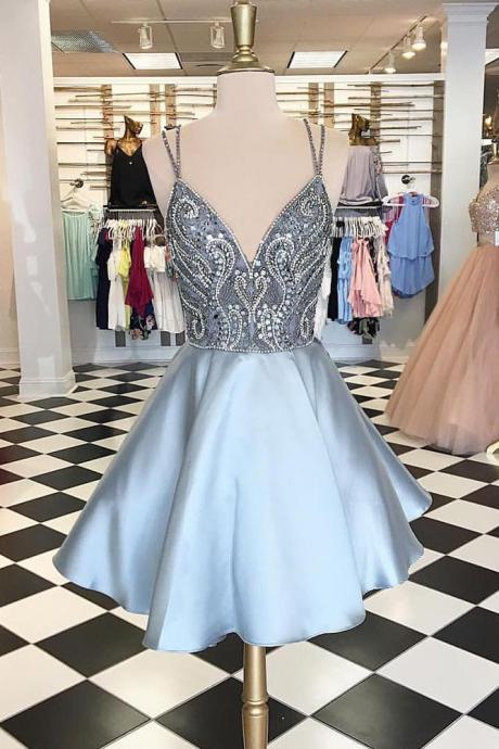 Light blue v neck beads short prom dress blue homecoming dress
