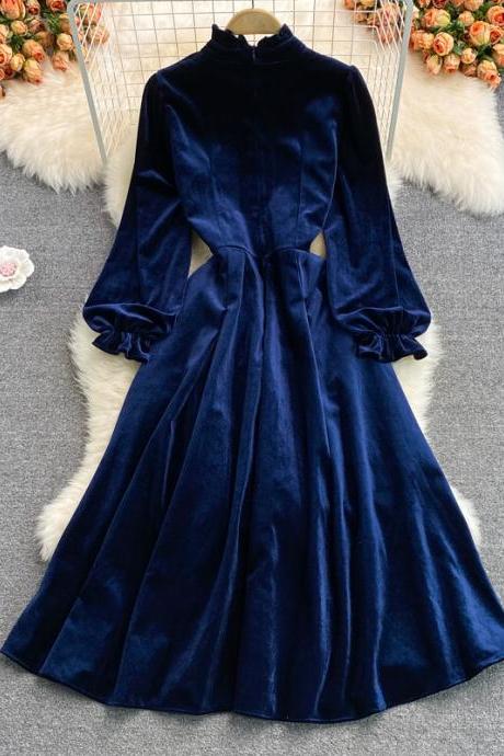 Blue velvet long sleeve dress autumn coat