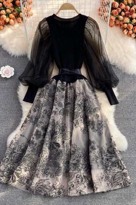Lovely stitching long sleeve dress