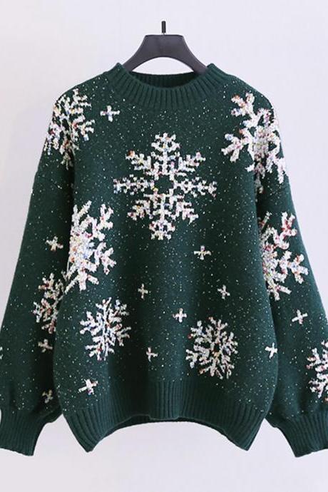 Cute snowflake long sleeve round neck sweater