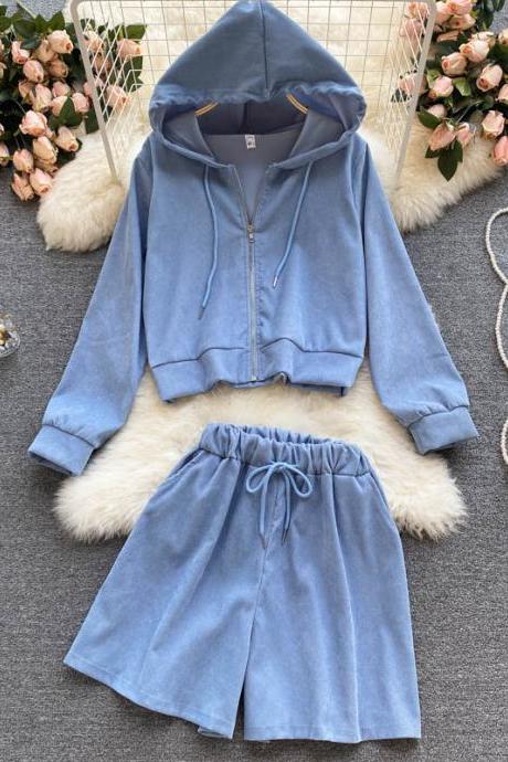 Cute long-sleeved hoodie + shorts two-piece suit