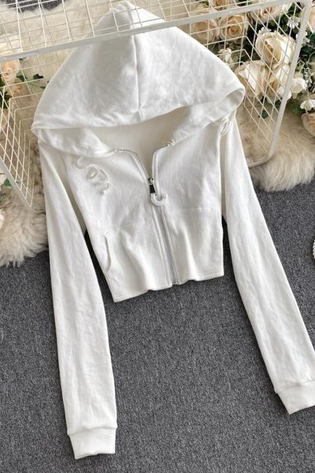 Fashionable autumn long-sleeved short jacket white hoodie