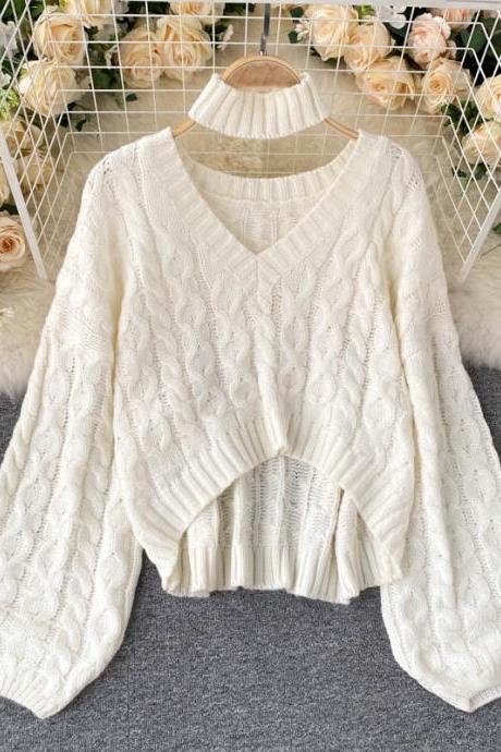 Vintage twist knit top v neckline long sweater