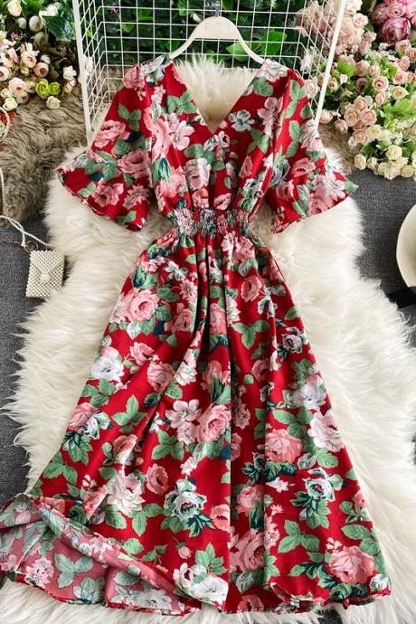 Cute v neck floral dress fashion dress
