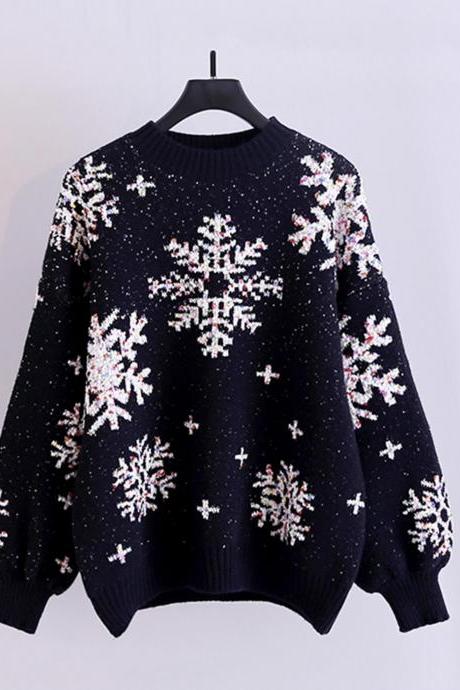 Cute snowflake long sleeve round neck sweater