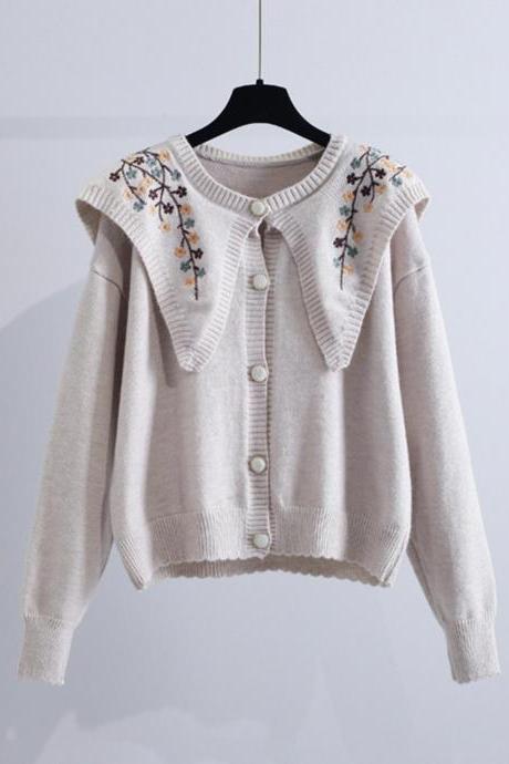 Cute embroidered long-sleeved cardigan sweater