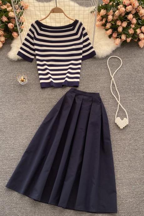 Summer new style retro striped knitted short-sleeved blouse all-match mid-length skirt two-piece suit