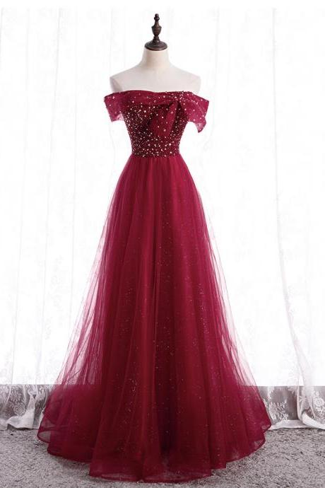 Burgundy tulle beads long prom dress A line evening gown