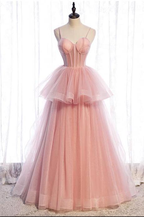 Pink tulle long prom dress A line evening gown