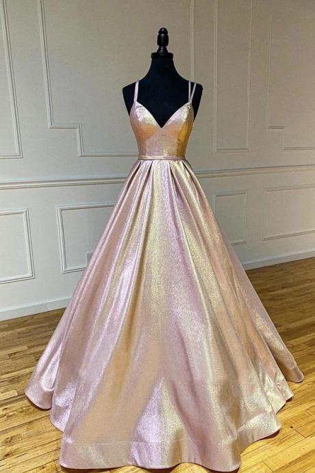 Cute v neck satin long prom dress A line evening gown