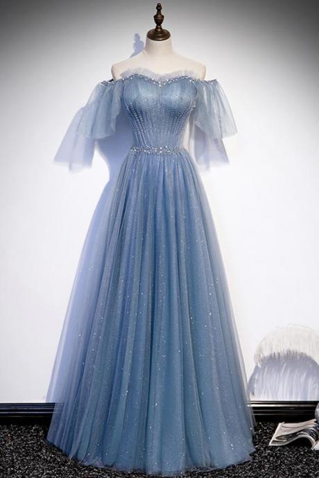Blue tulle beads long prom dress A line evening gown