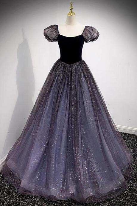 Purple tulle long ball gown dress A line evening gown