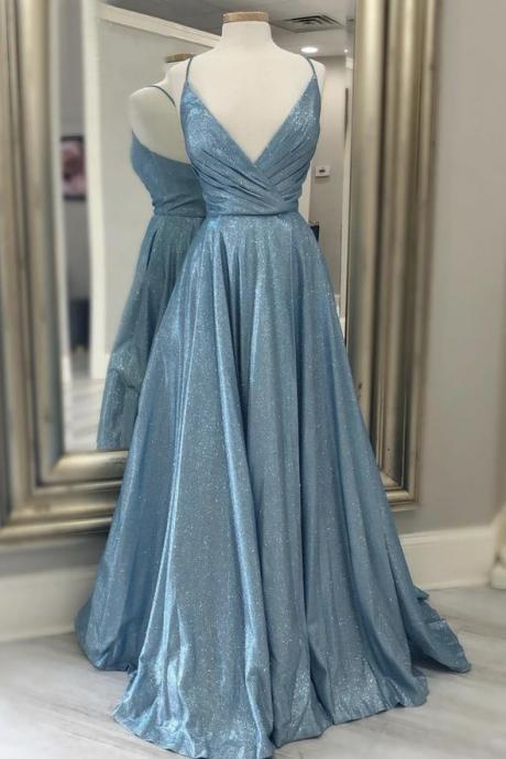 Blue v neck long prom dress A line evening dress