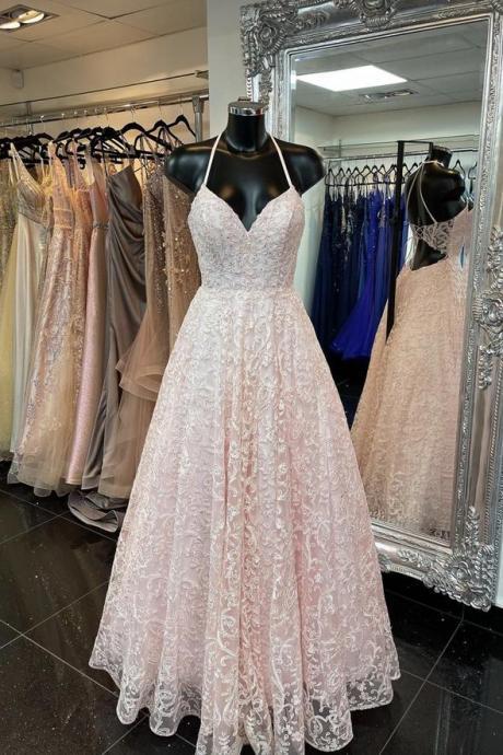 Pink tulle lace long prom dress A line evening gown