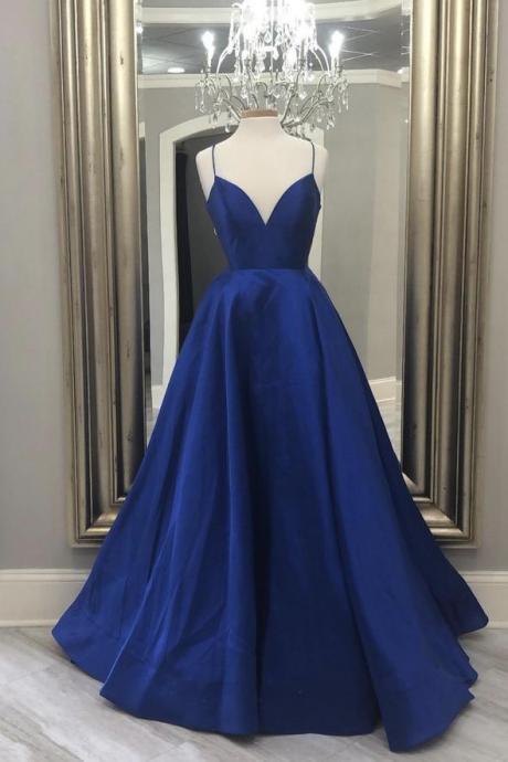 Blue satin long prom dress A line prom dress