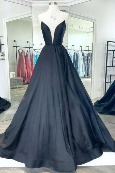 Simple black satin long prom dress, black evening dress