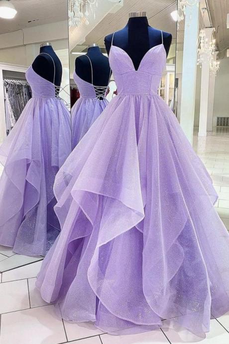 Purple tulle long prom dress A line evening gown