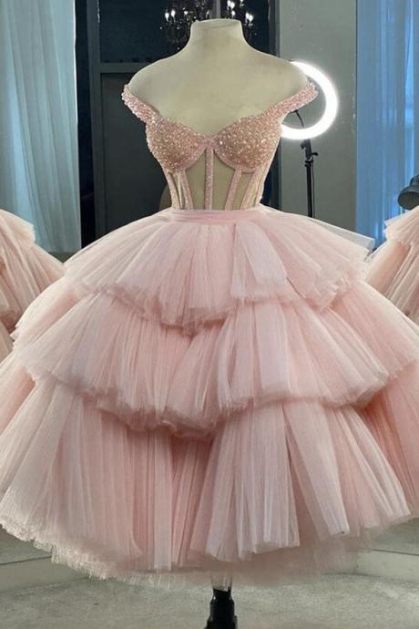 Pink tulle beads short prom dress homecoming dress