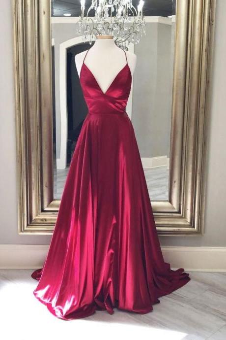 Simple red v neck satin long prom dress, red evening dress