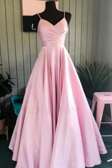 Simple A Line Satin Pink Long Prom Dress with Pockest