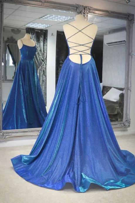  Simple blue satin long prom dress, blue backless long evening dress