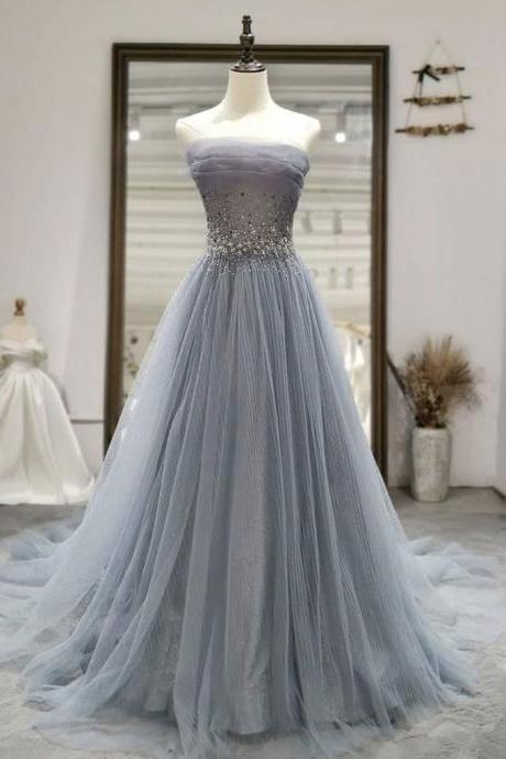 Gray tulle sequin long prom dress, gray tulle formal dress
