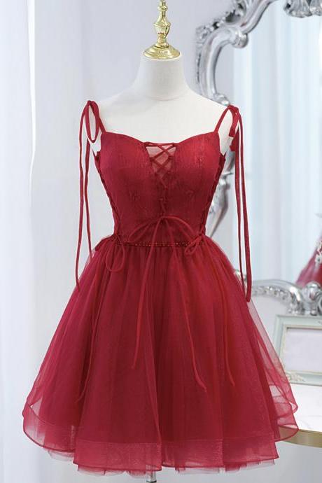 Burgundy tulle lace-up short prom dress party dress