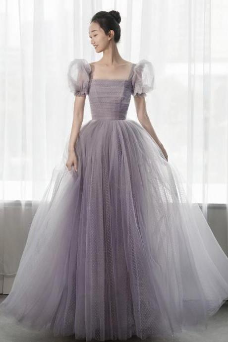Purple tulle long prom dress A line evening gown