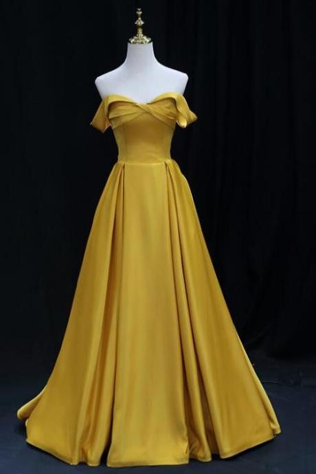 Yellow Satin Sweetheart Long Simple Party Dresses, Yellow Formal Gown Prom Dresses