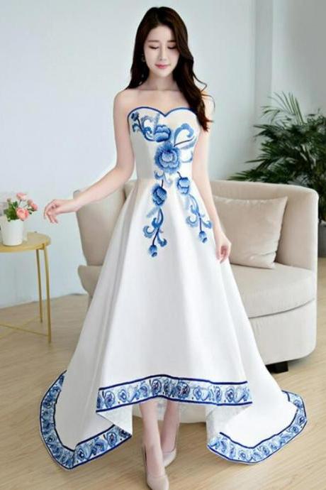 Beautiful White Satin With Flowers Embroidery Party Dresses, High Low Simple Satin Graduation Dresses