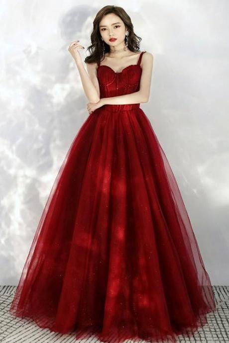 Beautiful Wine Red Tulle Off Shoulder Prom Dress, Dark Red Party Dress