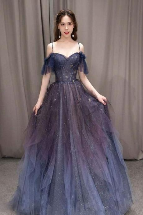 Beautiful Gradient Straps Beaded Tulle Long Formal Dress, Party Dress Long Evening Dresses