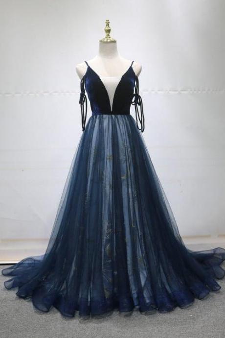Navy Blue Velvet And Tulle Long Prom Dress Party Dress, Navy Blue Evening Dress