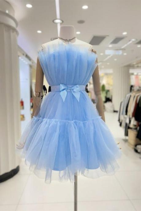 Cute Short Blue Tulle Party Dress With Bow, Lovely Formal Dresses Homecoming Dress