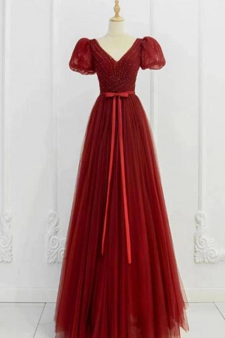 Beautiful Wine Red Tulle Sweetheart Long Party Dresses, Dark Red Evening Gown Prom Dress