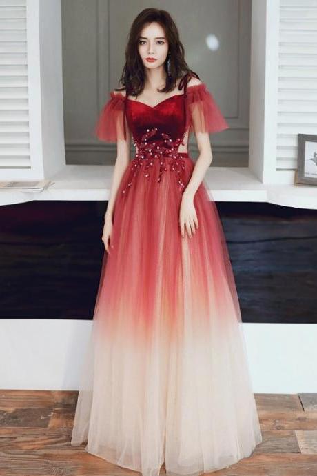 Red Tulle And Velvet Gradient Straps Long Evening Gown, Red Lovely Prom Dresses
