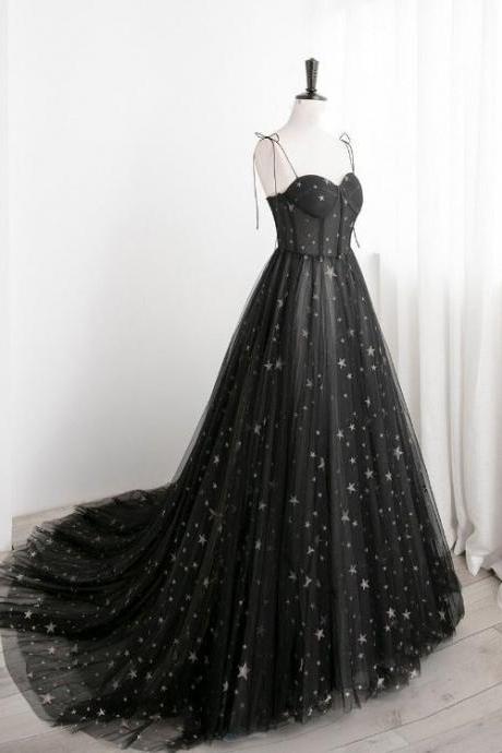 Black Sweetheart Tulle Straps Long Evening Dress, Black Formal Dress Party Dresses