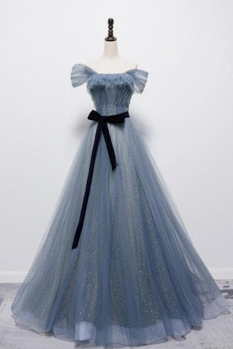 Blue Shiny Tulle Off Shoulder Long Party Dress Party Dress, Blue Evening Gowns