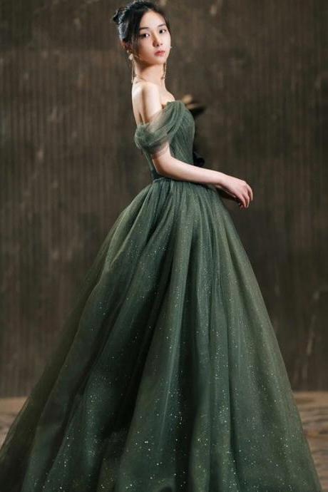 Dark Green Sweetheart Off Shoulder Long Formal Gown, Green Sweet 16 Dresses