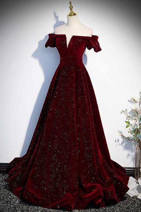 Beautiful Wine Red Off Shoulder Velvet Long Party Dress, A-Line Dark Red Prom Dresses