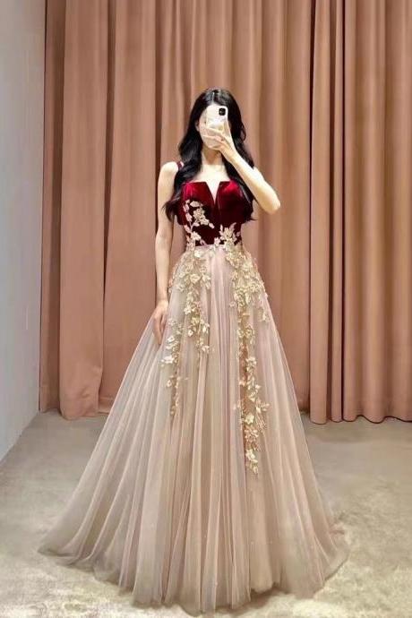 Elegant Tulle With Velvet Long Straps Long Evening Gown, A-Line Tulle Prom Dresses