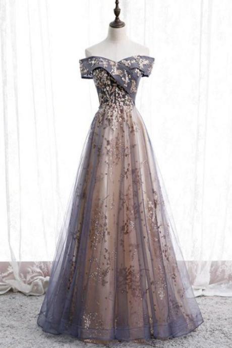 Beautiful Off Shoulder Tulle With Lace Long Evening Gown, Floor Length Prom Dresses