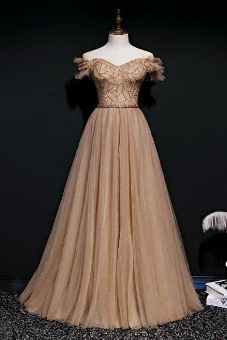 Lovely Champagne Beaded Long Tulle Prom Party Dress, Off Shoulder Formal Dresses