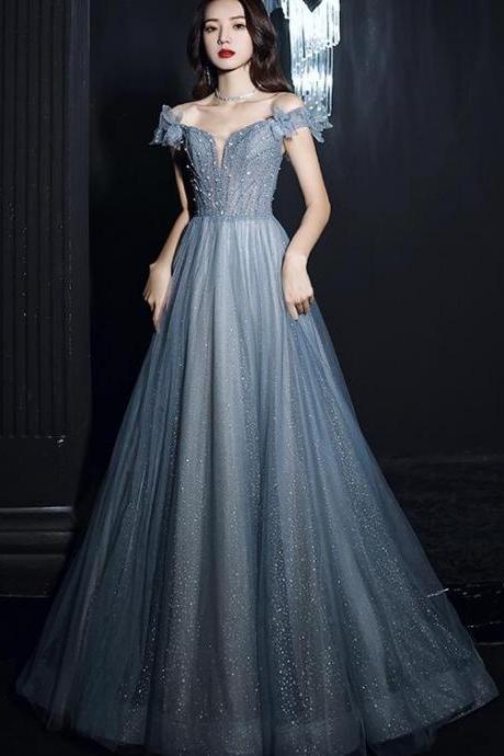Beautiful Pretty Bue Beaded Off Shoulder Long Formal Dress Party Dress, Blue Evening Gowns