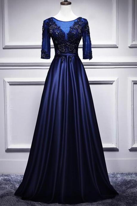 Navy Blue Satin With Lace Short Sleeves Long Prom Dresses, Blue Evening Dresses Formal Dress