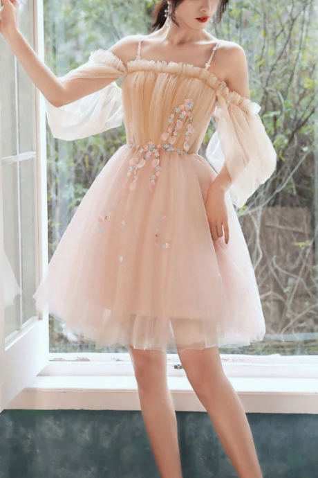 Cute Short Off Shoulder Tulle With Flowers Party Dress, Short Homecoming Dresses