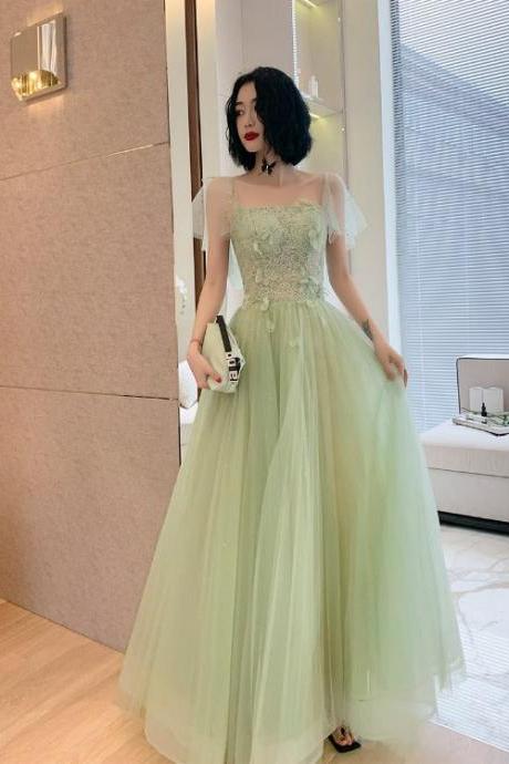 Beautiful Green Tulle Long Prom Dress With Lace, Green Evening Party Dresses